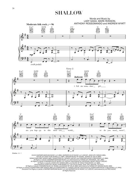 Shallow From A Star Is Born By Lady Gaga Sheet Music For Piano Vocal And Guitar Chords Right