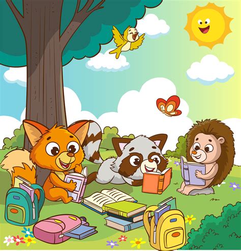 cute animals reading under the tree cartoon vector 22949280 Vector Art ...