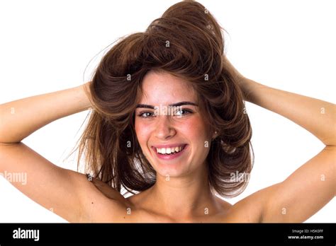 Smiling Woman Holding Her Tangled Hair Stock Photo Alamy
