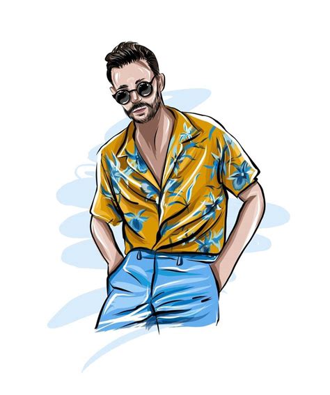 Hombre Guapo Con Estilo En Ropa De Moda Hombre Con Camisa Hawaiana Dibujo Coloreado Realista