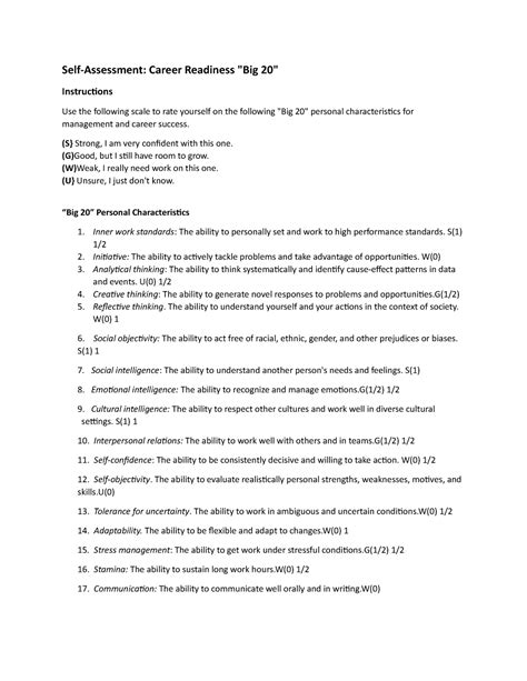 Career Readiness Self Assessment Self Assessment Career Readiness