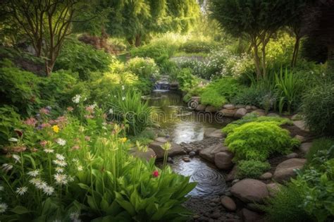 Lush Garden With Babbling Brook Surrounded By Greenery And Flowers