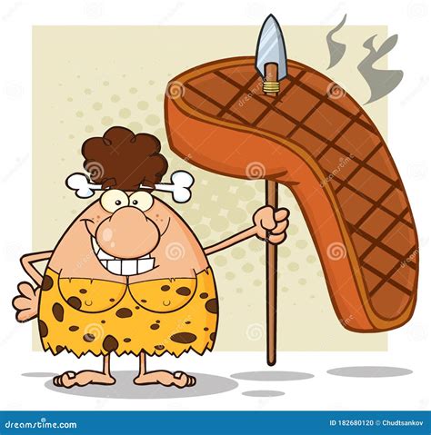 Happy Brunette Cave Woman Cartoon Mascot Character Holding A Spear With Big Grilled Steak