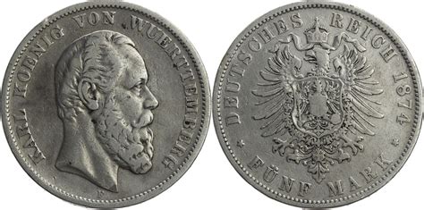 Kaiserreich Württemberg 5 Mark 1874 F Karl 1864 1891 Kursmünze