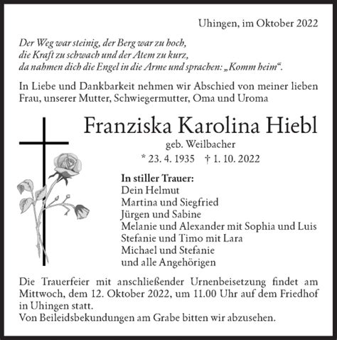 Traueranzeigen von Franziska Karolina Hieb Südwest Presse Trauer