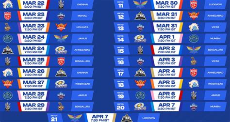 List Of First Half Fixtures Of Ipl Indian Premier League Schedule