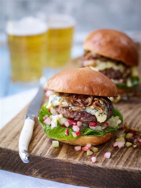 Blue Cheese Beef Burger With A Celery And Radish Salsa And Caramelised Shallots Recipe On Love Radish