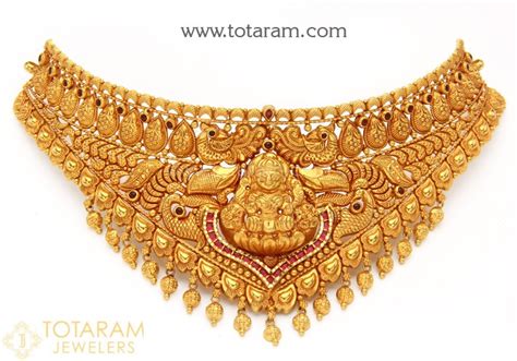 K Gold Lakshmi Peacock Choker Necklace With Beads Temple