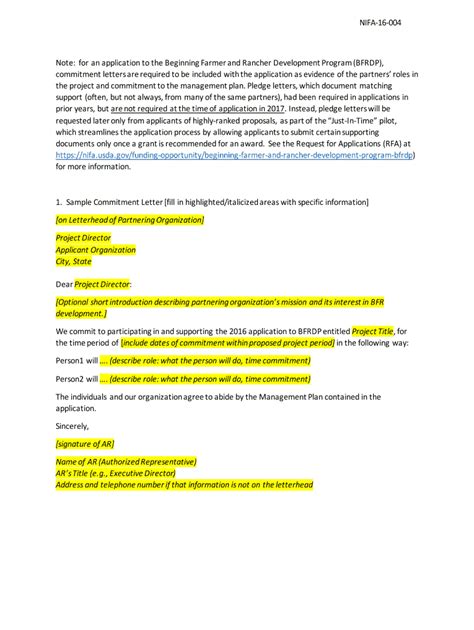 Fillable Online Nifa Usda NIFA 16 004 Sample Commitment And Pledge