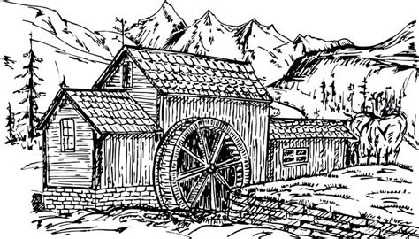 Old Water Mill Sketch Hand Drawn Old Rustic Mills Vintage