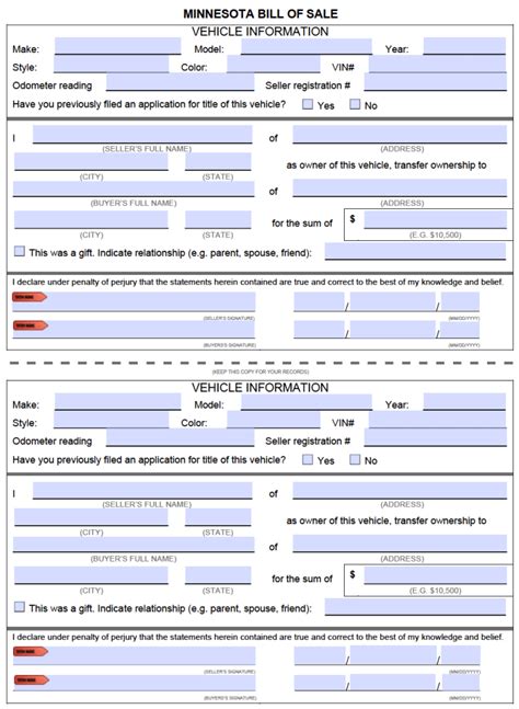 Free Minnesota Motor Vehicle Dmv Bill Of Sale Form Pdf