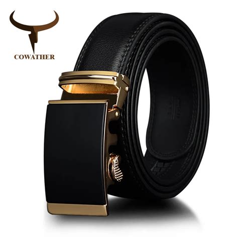 COWATHER Cow Leather men belts Gold Automatic Ratchet Buckle Fashion Luxury Dress belts for men ...