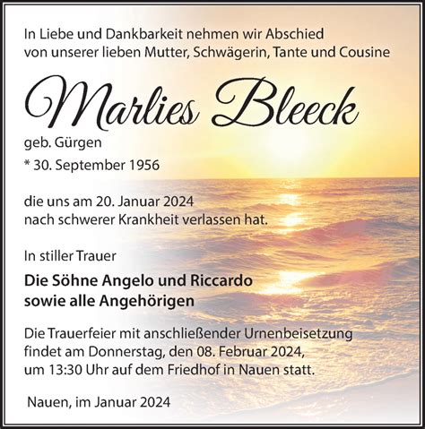 Traueranzeigen von Marlies Bleeck Märkische Onlinezeitung Trauerportal