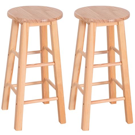 2pcs Round Pine Wood Natural Finish Bar Stool Wood Color Bar Stools