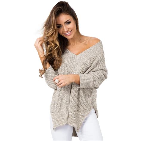 Autumn Winter Sweater Women V Neck Long Sleeve Side Pullovers Slit