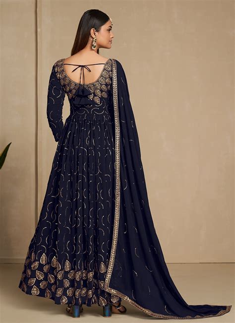 Buy Navy Blue Faux Georgette Sequins Dresses And Gown Party Wear Online