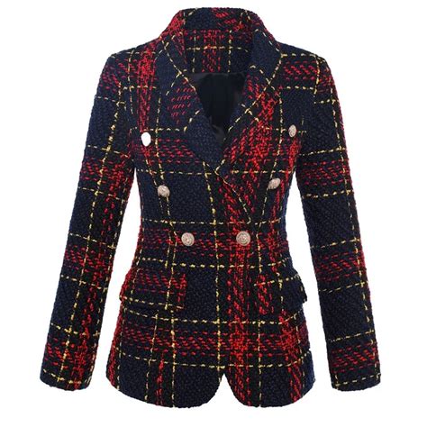 Autumn Winter New 2018 Runway Designer Women Red Plaid Jacket Double