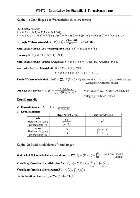 W4479 Statistik II Formelsammlung W1472 Grundzüge der Statistik II