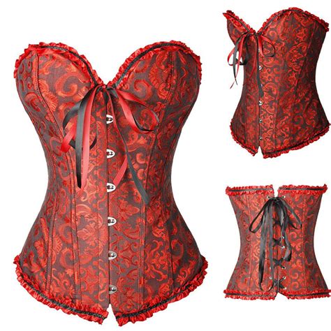 Womens Lace Up Black Corset Bustier Floral Waist Trainer Overbust Sexy Lingerie EBay