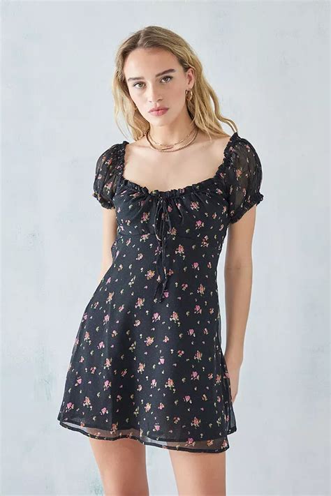 Uo Aurelie Black Floral Mesh Mini Dress