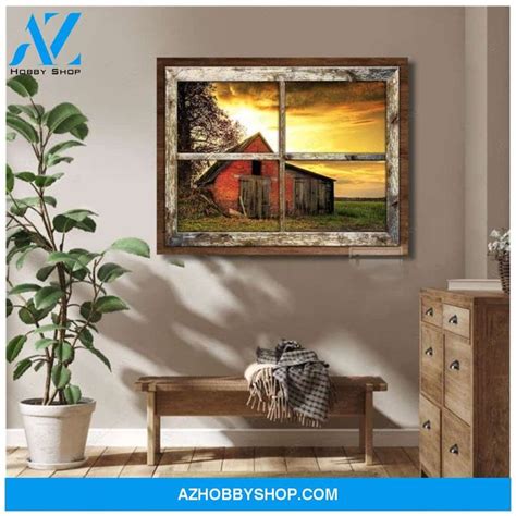 Top Beautiful Red Barn In The Afternoon With Rustic Window Canvas And