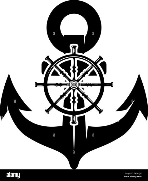 Illustration Of An Anchor With Ship Steering Wheel In Monochrome Style