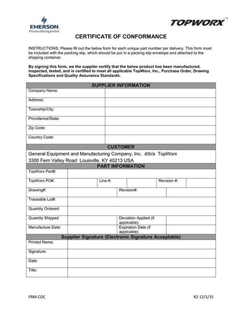 Certificate Of Conformance Blank Form Template Free Rd Printable