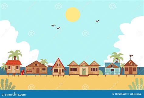 Tropical Beach With Resort Houses Or Bungalows Flat Vector Illustration