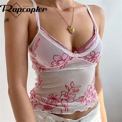 Rapcopter Y K Floral Crop Top V Neck Lace Mini Vest Women See Through