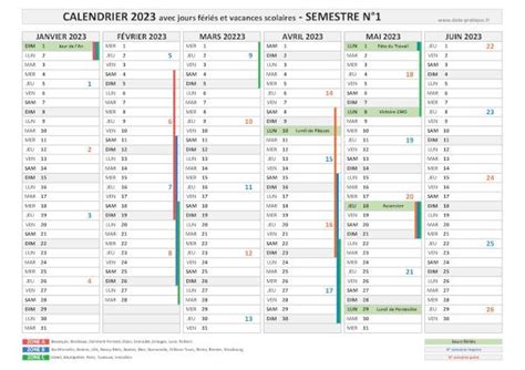 Calendrier semestriel 2023 à consulter télécharger en pdf et imprimer