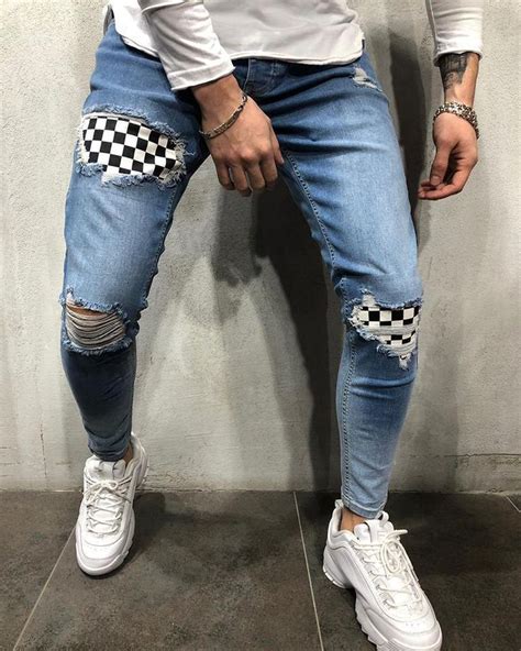 Men S Ripped Jeans Slim Fit Grid Pattern Lining Denim Pants Distressed Tapered Leg Jeans With