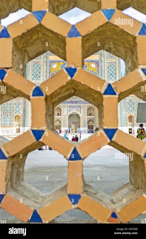 The Colorful Facade Of The Sher Dor Madrasah With Its Famous Mosaic