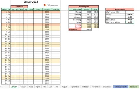 Excel Arbeitszeitnachweis Mit Soll Ist Saldo Und Feiertage