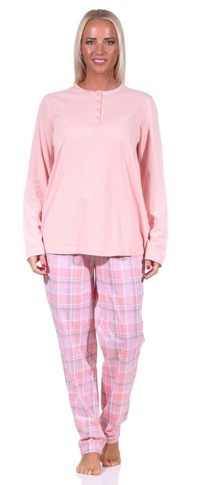 Normann Pyjama Damen Pyjama Langarm Schlafanzug Mit Karohose Und