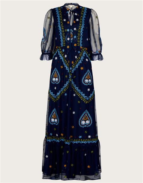 Tracey Embroidered Maxi Dress In Recycled Polyester Blue Evening Dresses Monsoon Uk