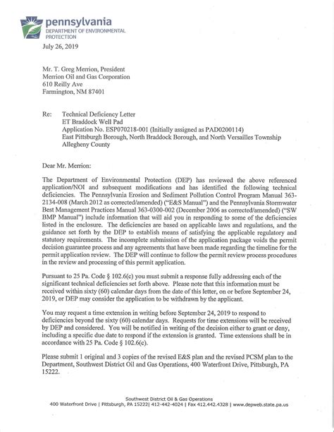 Pa Department Of Environmental Protection Technical Deficiency Letter