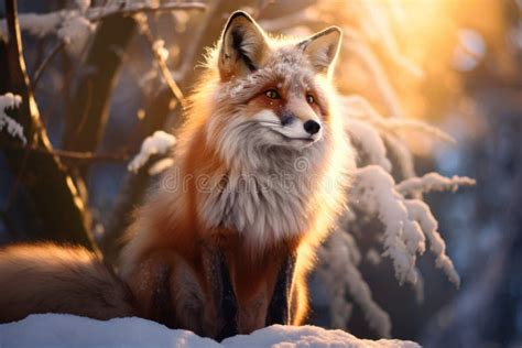 Cute Fluffy Red Fox In Snowy Winter Forest On Sunny Evening Wild