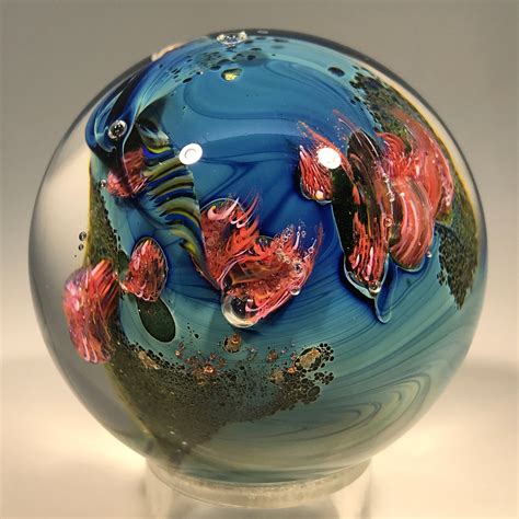 Signed Josh Simpson Art Glass Marble Complex Inhabited Planet W Mille