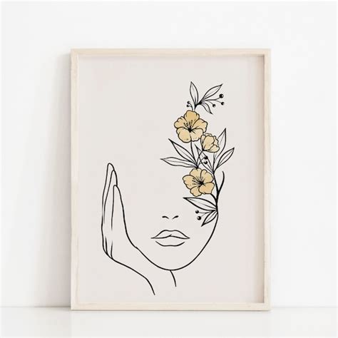 Woman With Flowers Line Art Print Womans Face Neutral Etsy