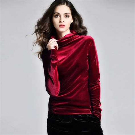 Elegant Women Velvet Blouses Long Sleeves O Neck Slim Shirt Female Tops