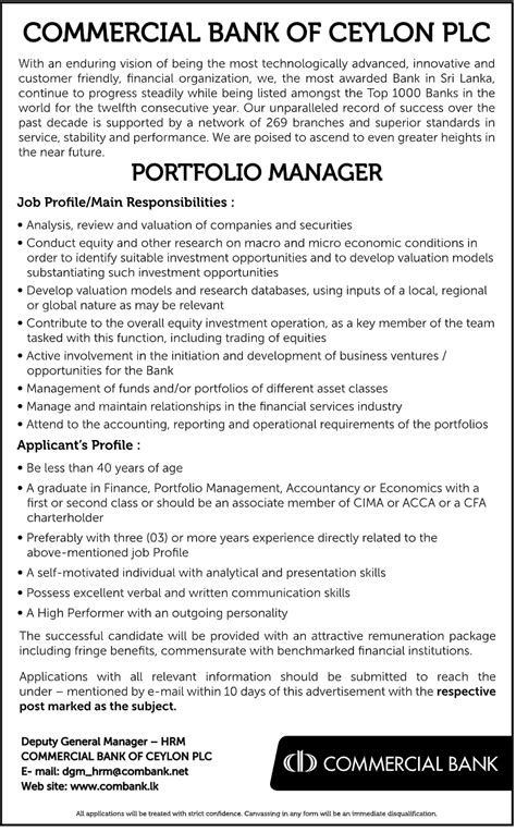 Portfolio Manager Commercial Bank Of Ceylon Plc 2023