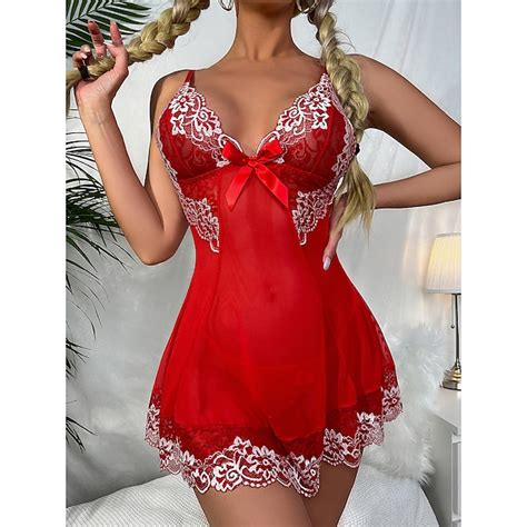 Dames Lingerie Babydoll V Hals Satijnen Strik Mouwloos Rood Doorschijnend Kant Bloemen Intiem