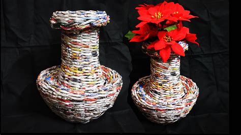 How To Make A Flower Vase By Newspaper Weaving Diy Homedecor Youtube