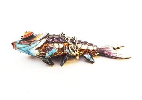 Articulated Chinese Gilt Silver Enamel Fish Pendant Gem