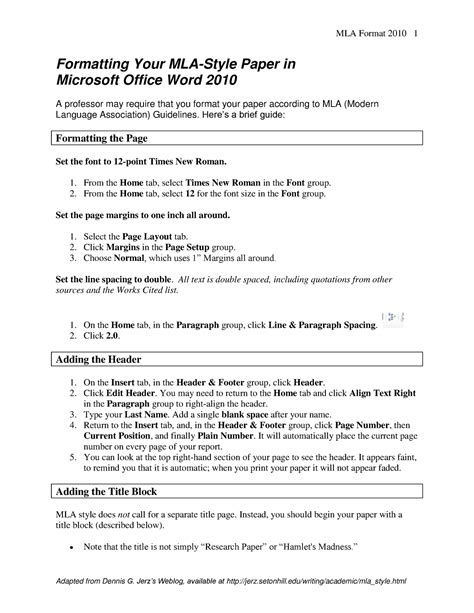 Formatting MLA Paper - How to format in MLA - MLA Format 2010 1 Adapted ...