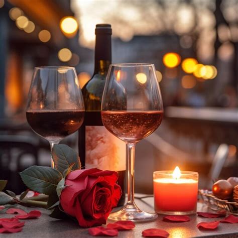 Premium Ai Image Romantic Evening Glass Of Wine And Roses On Table In Cafe Street On Sunset