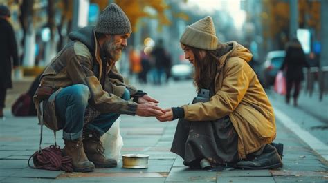 Premium Photo Unrecognizable Woman Giving Food To Homeless Beggar Man