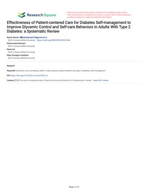 Pdf Effectiveness Of Patient Centered Care For Diabetes Self Management To Improve Glycemic