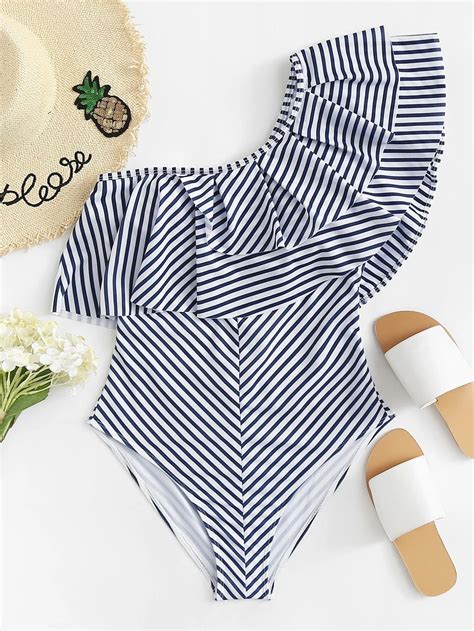 Striped Layered Flounce One Piece Swimsuit Shein Usa