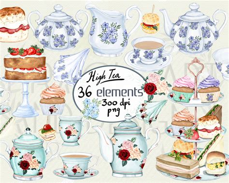 Watercolor Tea Party Clipart High Tea Time Clip Art Vintage Etsy